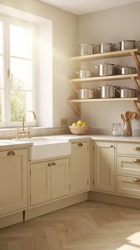 Bright French home kitchen interior with morning sunlight, simple cookware, clean countertops, warm neutral tones, realistic photography, high resolution
