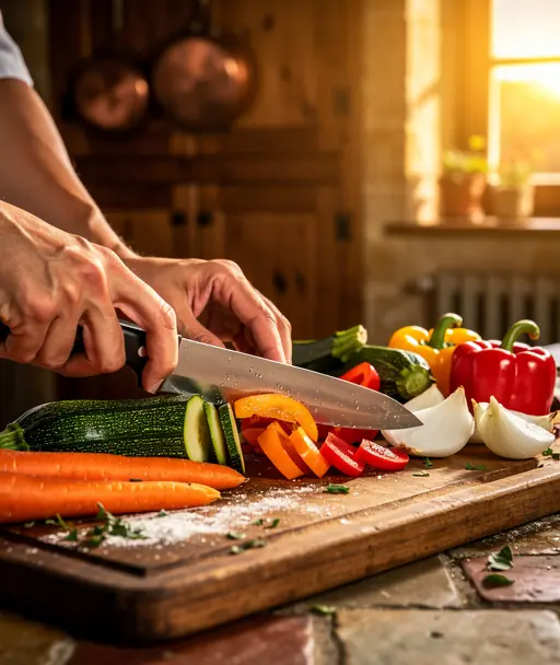 Close-up of hands slicing fresh vegetables on a wooden cutting board in a warm French kitchen, golden sunset light, authentic atmosphere, high detail, realistic photography
