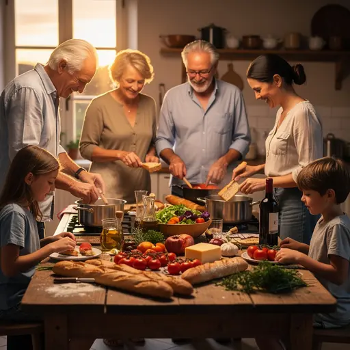 French family gathered around a wooden table cooking and sharing a meal together, seasonal produce on the table, warm evening light, friendly authentic atmosphere, realistic photography, high resolution
