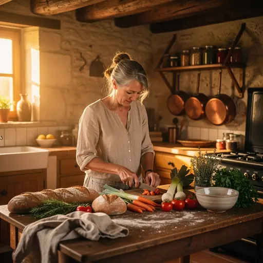 Warm rustic French kitchen, middle-aged woman cooking at a wooden table with seasonal vegetables, bread and herbs, soft golden light, authentic countryside atmosphere, high resolution, shallow depth of field
