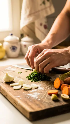 Close-up of hands preparing ingredients on a wooden cutting board in a French home kitchen, natural light, minimal background, cozy and authentic feel, high detail, soft focus
