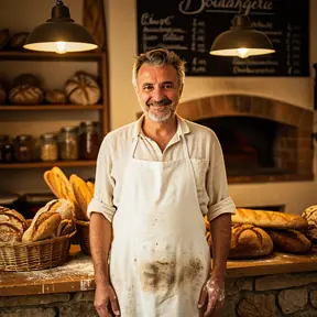Portrait of a French artisan baker in a bakery, flour-dusted apron, rustic bread in background, warm lighting, authentic and welcoming atmosphere

