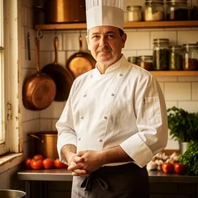 Portrait of a French chef in a traditional kitchen, natural light, warm tones, authentic atmosphere, professional culinary setting, high detail
