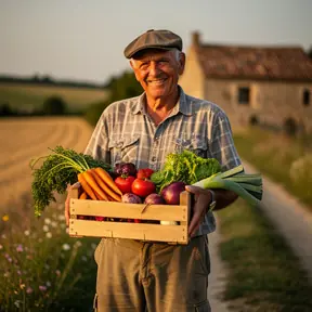 Portrait of a French local farmer holding fresh vegetables in the countryside, soft natural light, authentic rural setting, warm and inviting mood
