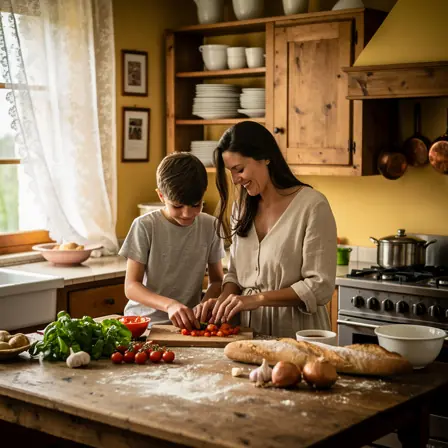 Mother and teenage son cooking together in a warm French kitchen, preparing fresh ingredients on a wooden table, soft natural light, authentic family atmosphere, high resolution, realistic photography
