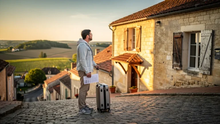 Voyageur déçu devant un hébergement à Sancerre, illustrant les regrets avant réservation