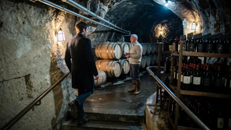 Descente dans les caves de Pouilly-Fumé chez un vigneron, ambiance réaliste et cave en activité