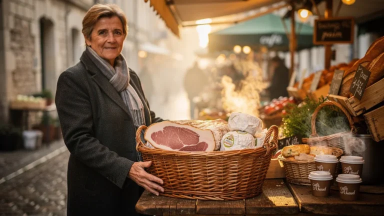 Panier du matin au marché de Bourges avec jambon et crottin, ambiance authentique et gourmande