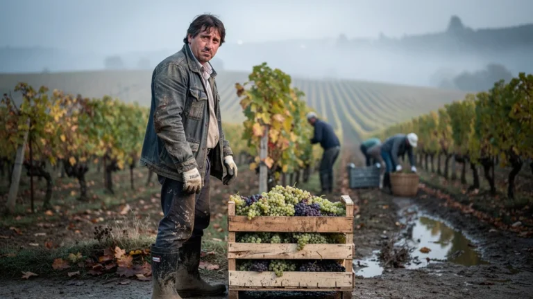 Erreur de saison aux vendanges de Chavignol, scène réaliste de récolte de raisin dans un vignoble