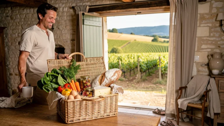 Panier producteurs Berry livré en gîte à Sancerre avec produits locaux sur table rustique