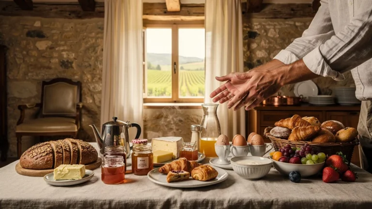 Petit-déjeuner en maison d'hôtes vigneron avec table gourmande, ambiance chaleureuse et vinicole