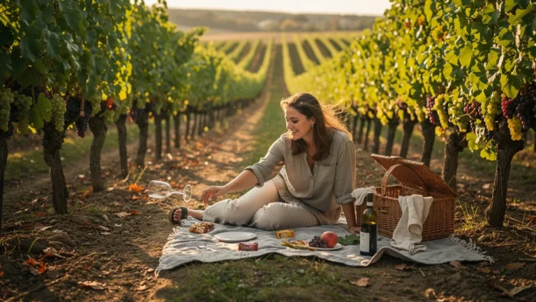 Pique-nique improvisé dans les vignes, scène réaliste d’une erreur de débutant lors d’un déjeuner champêtre