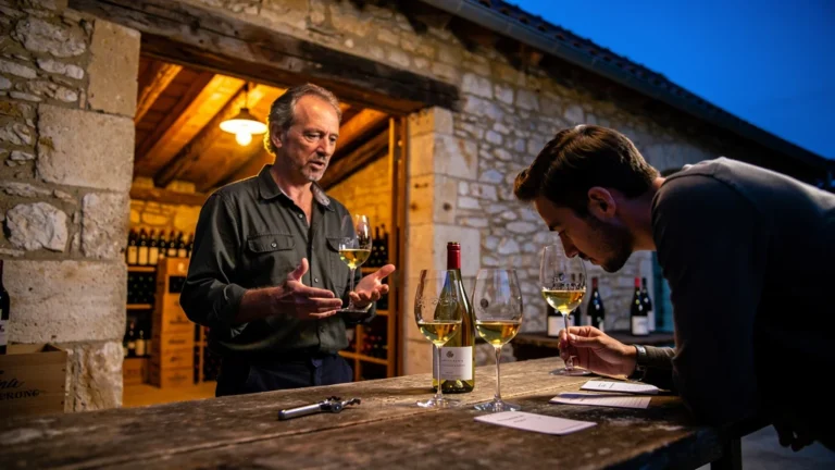 Soirée dégustation improvisée chez un vigneron de Chavignol, ambiance chaleureuse autour d'un blanc en dégustation
