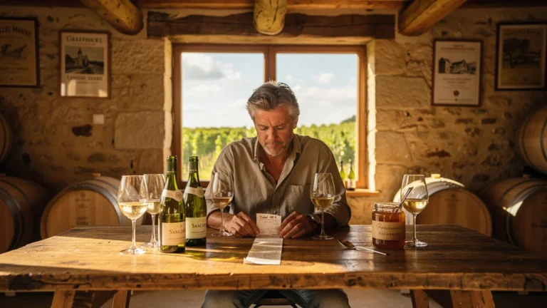 Homme triste après avoir perdu 180 € en achetant des Sancerres sans goûter chez le vigneron