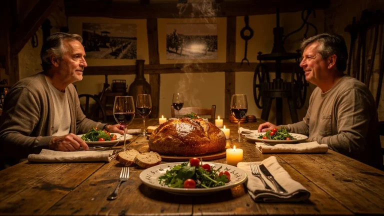 Table du soir avec farci poitevin et vin dans un gîte vigneron à Bué, ambiance chaleureuse et rustique