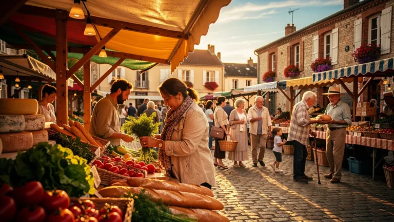 Marché du samedi à Menetou-Salon animé avec stands colorés et foule heureuse au coucher du soleil