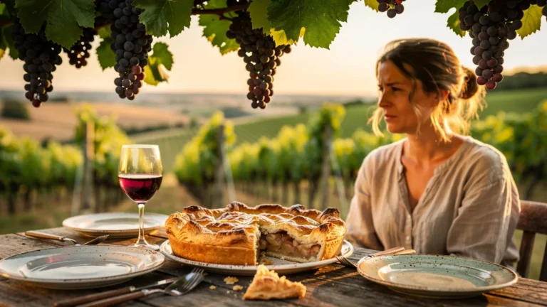 Table rustique en vigne en juillet avec une tourte aux pommes gâchée au beurre, ambiance chaleureuse et champêtre