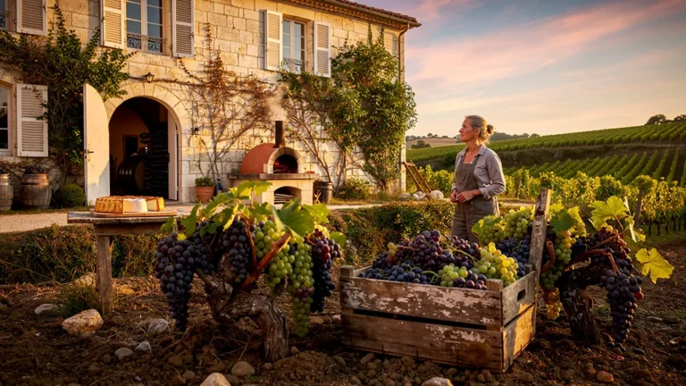 Vignoble en vendange à Sainte-Maure avec caveau fermé et tourte au chabichou ratée en premier plan
