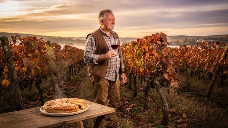 Vigneron en automne à Bué avec galette charentaise et verre de Sancerre rouge lumineux