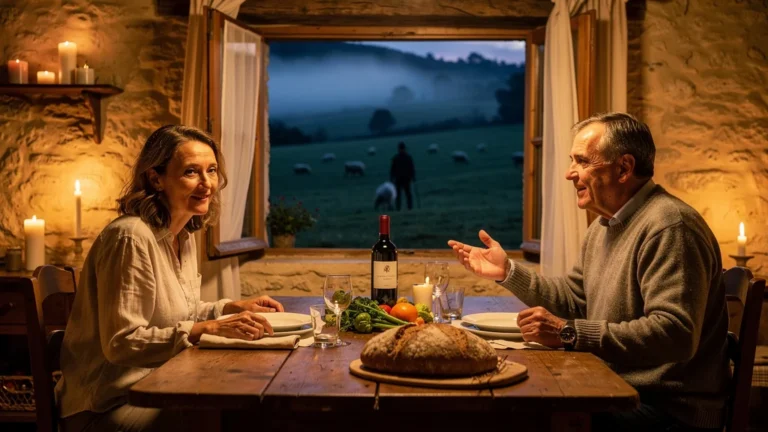 Dîner intime à Aubinges où une femme comprend la sagesse du berger dans une ambiance champêtre chaleureuse
