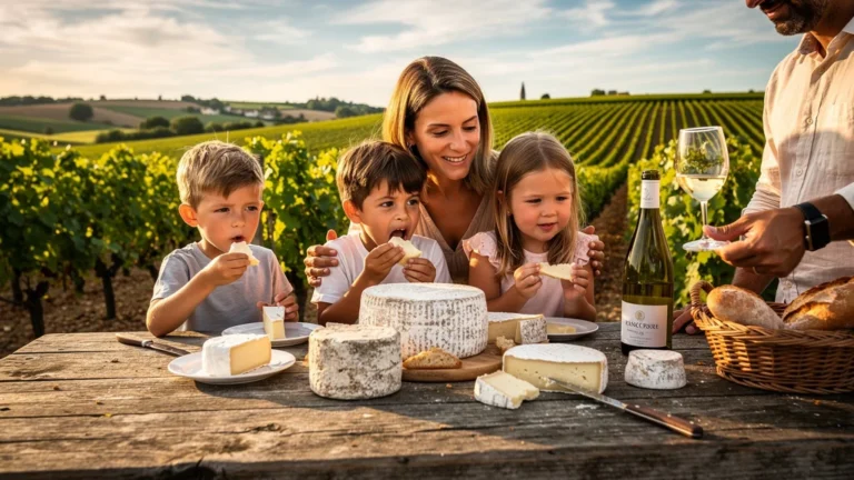 Famille dégustant des fromages crus lors d'un week-end à Sancerre dans un cadre naturel et lumineux