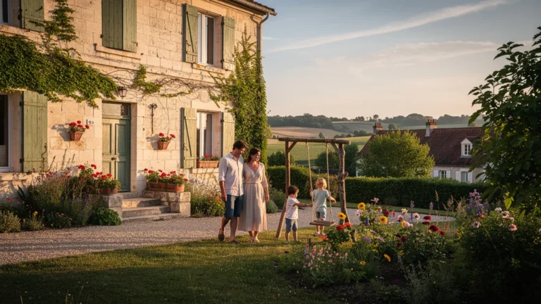 Famille dans une maison d’hôtes de Sancerre face aux gîtes de Crézancy en cadre champêtre familial