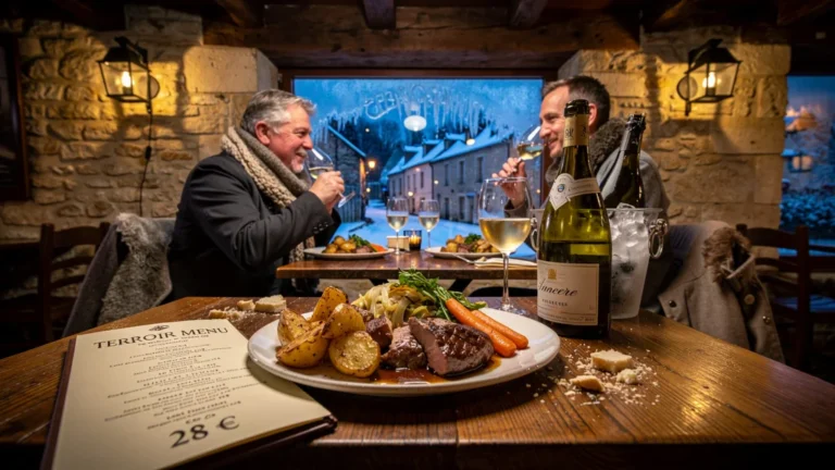 Photo réaliste d’un menu terroir 28 € en hiver dans un bistrot chaleureux de Sancerre