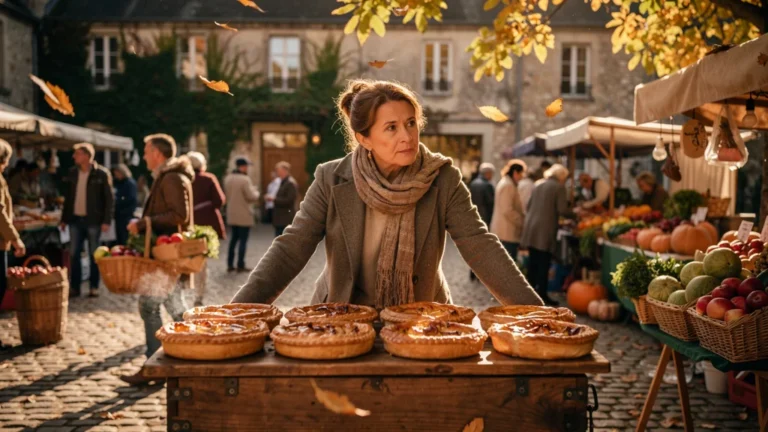 Scène automnale réaliste au Marché Notre-Dame avec tourte aux pommes et regret à Sancerrois en octobre