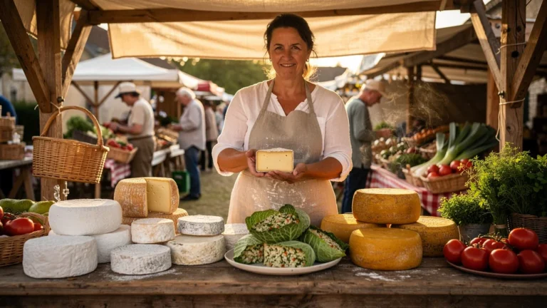Marché du Sancerrois avec fromages fermiers artisanaux et farci poitevin traditionnel en gros plan