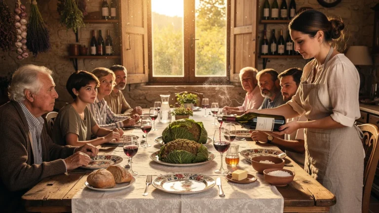 Table d'hôtes vigneronne avec farci poitevin en ambiance rustique et lumière dorée