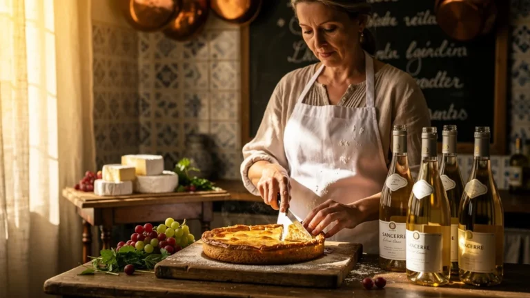 Far breton de Quimper avec crottin et Sancerre dans un décor de bistrot français rustique