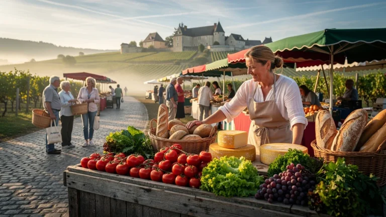Marché de Sancerre dans le Cher avec produits locaux frais et ambiance authentique en plein air