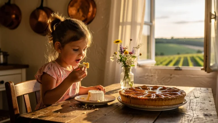 Fille de 7 ans dégustant un crottin AOP dans une chambre d'hôtes à Verdigny avec une tourte aux pommes