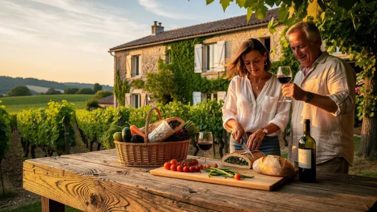 Farci poitevin authentique dans un panier vigneron livré au gîte sous un soleil doré en pleine vigne