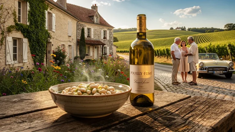 Table rustique avec mogette de Vendée et paysage entre Chavignol et route Sancerre-Pouilly en plein air