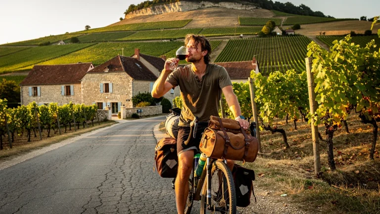 Cycliste en halte vélo à Saint-Satur dégustant du vin entre sacoches lourdes et montée exigeante