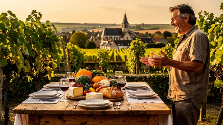 Terrasse viticole à Ménétréol-sous-Sancerre avec table de vigneron invitant à redécouvrir la cuisine locale