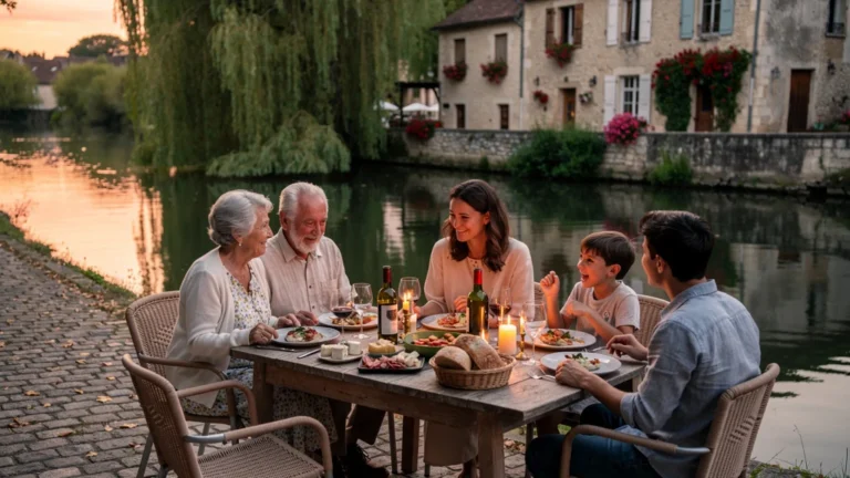 Dîner familial au bord du canal à Saint-Satur lors d’un week-end paisible en famille