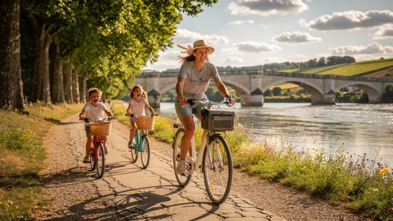 Parent et deux enfants à vélo le long de la Loire en août, aventure familiale en plein été