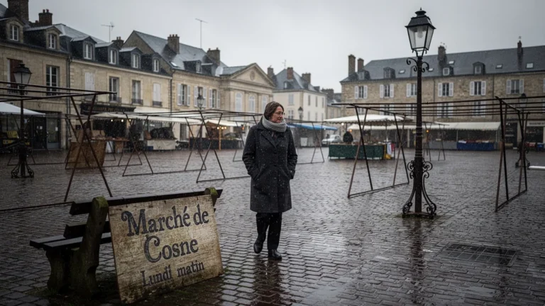 Marché vide et fermé le lundi à Cosne avec ambiance calme et détails réalistes en photo hyper-réaliste