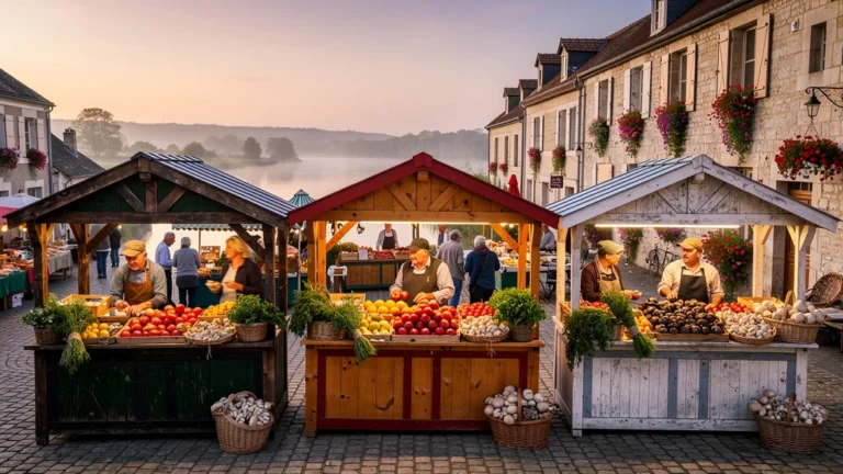 Étals comparés sur trois marchés du Berry vus depuis un gîte à Cosne-sur-Loire, ambiance locale et produits frais