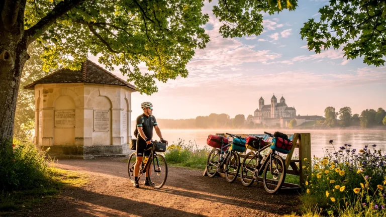 Halte vélo entre Saint-Satur et La Charité avec cycliste et patrimoine visible au bord de la Loire
