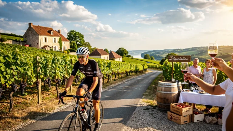 Cycliste chronométrant une sortie vélo-dégustation entre Saint-Satur et Bannay sous un ciel ensoleillé