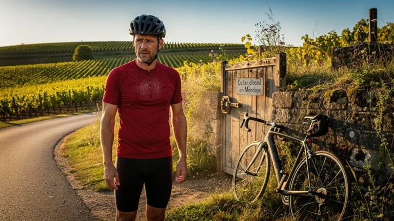Cycliste déçu devant une cave à vin fermée un lundi après 50 km de route à vélo