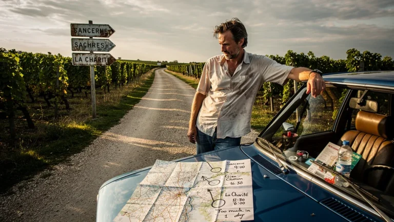 Voyageur fatigué en campagne française croyant visiter Sancerre, La Charité et Gien en une journée