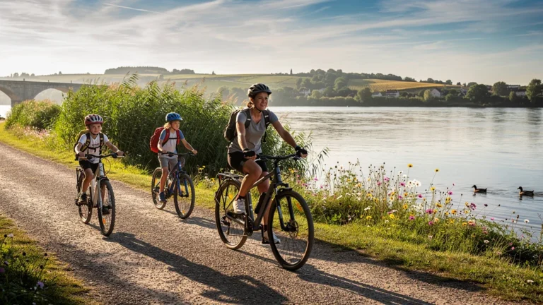 La Loire à vélo avec deux enfants sur un chemin bordé de rivière, capture la balade familiale et ses défis
