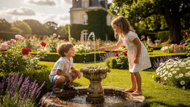 Enfants émerveillés par les jeux d'eau aux Jardins d'Apremont, visite idéale avec enfants