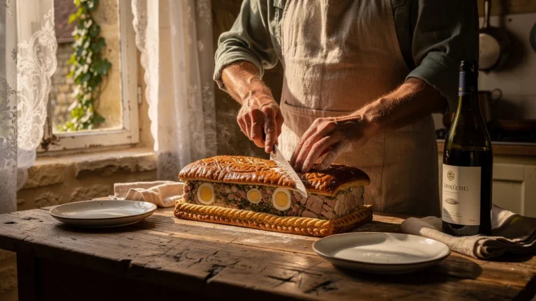 Pâté de Pâques berrichon traditionnel dans une cuisine rustique à Veaugues, saveurs retrouvées du terroir
