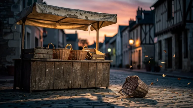 Marché de Cosne vide au crépuscule avec panier abandonné, ambiance nostalgique d’un marché déserté