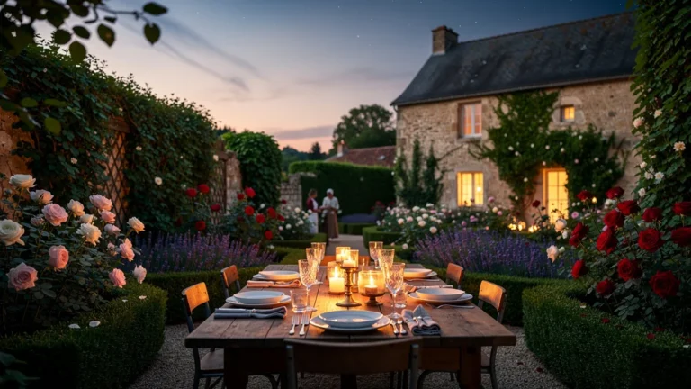 Table du soir et jardins fleuris d'Apremont-sur-Allier au crépuscule, entre tumulte et calme